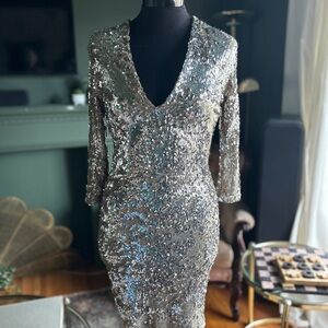 Silver Sequin TFNC London V-Neck Dress